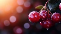 Fresh red cherries with water drops and morning dew against blurred bokeh background in warm sunlight. Natural organic fruit macro photography.