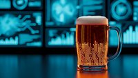 Beer mug with circuit board pattern on blue tech background. Digital technology meets traditional brewing concept for modern bar and restaurant designs.