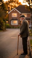 Senior Caucasian man with walking cane standing on residential street at golden hour sunset, wearing flat cap and brown coat outside suburban home.