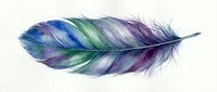 Watercolor feather with vibrant blue, green and purple hues isolated on white background for artistic design projects and creative decorations.