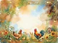Watercolor farm scene with rooster and hen among sunflowers and wildflowers, ornate decorative border, rustic countryside setting for farmhouse decor and agricultural designs.