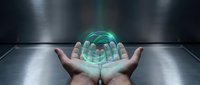 Hands holding glowing green holographic sphere with geometric patterns in futuristic digital environment for technology and innovation concepts.