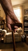 Senior man with dark skin holding wooden walking cane in warm home interior with living room furniture and family photos on walls, depicting mobility assistance and aging.