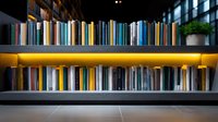 Modern bookshelf with colorful book spines illuminated by warm LED lighting against dark background, creating cozy atmosphere in contemporary interior space.