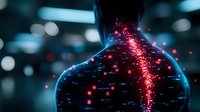 Glowing red and blue digital network visualization with particle effects against dark background, showing futuristic data flow and connectivity patterns.