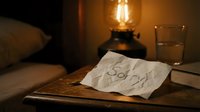 Crumpled note with the word Sorry on a wooden nightstand beside a glowing lamp and glass of water in a dimly lit bedroom.