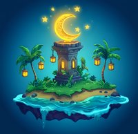 Magical floating island with ancient stone tower crowned by glowing crescent moon, surrounded by palm trees with hanging lanterns and mystical ocean waves.