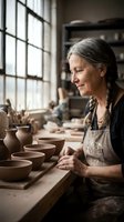 Mature Caucasian woman artisan smiling in pottery studio, clay bowls and vases on workbench, natural light, handcraft and small business concept.