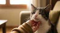 Tabby cat enjoying gentle chin scratch from human hand in cozy living room, eyes half-closed in contentment and relaxation.