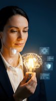 Professional businesswoman holding glowing brain lightbulb with digital security icons representing innovation, artificial intelligence and cybersecurity concepts.