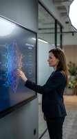 Professional businesswoman interacting with machine learning neural network display on digital screen in modern office environment for AI technology presentations.