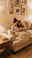 Two young women reading book together on cozy beige sofa in warm living room with gallery wall and soft lighting for relaxation and friendship moments.