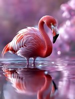 Pink flamingo standing in water with reflection against purple bokeh background, soft feathers and graceful neck curve create dreamy tropical atmosphere.