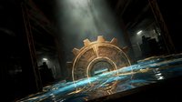 Golden steampunk gear with glowing blue energy stream flowing through industrial warehouse setting, futuristic technology concept.