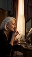 Elegant senior woman applying lipstick at vintage vanity mirror in warm morning light. Mature beauty routine and self-care concept for lifestyle content.