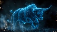 Glowing blue bull constellation against dark cosmic background, symbolizing strength and determination in financial markets and astrology.