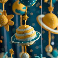 Hanging golden planets and stars suspended from strings against deep blue background with bokeh lights, creating whimsical space-themed decoration suitable for children's room decor, nursery design, or festive celebrations.