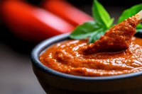 Homemade spicy red sauce in ceramic bowl with fresh chili peppers and basil leaves, close-up shot on dark background. Creamy texture for pasta or dips.