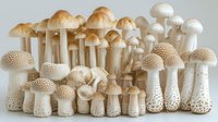 White and beige mushrooms arranged in rows on light background, showing variety of shapes and sizes in natural composition for food and nature concepts.