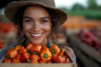 Young African American woman in straw hat holding wooden crate of fresh orange bell peppers, showing bright genuine smile at farmers market or garden harvest.