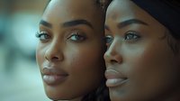 Young African American woman with flawless skin and natural makeup in reflective portrait showing dual profile views, highlighting feminine beauty and confidence.