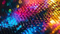 Vibrant rainbow light refraction on metallic surface creates abstract bokeh pattern with colorful circles and hexagonal grid texture in macro photography.