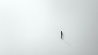 Minimalist black and white composition featuring lone silhouette walking into vast white space, casting dramatic long shadow. Artistic conceptual photograph expressing solitude.