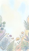 Soft watercolor botanical border with pastel flowers, ferns, and tropical leaves framing a light background with copy space for text.