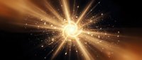 Golden energy burst with radiant light beams and sparkling particles creating cosmic explosion effect on dark background for motion graphics.