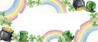 St. Patrick's Day frame with rainbow, leprechaun hats, pot of gold and shamrock clover leaves on white background for Irish holiday celebration design.