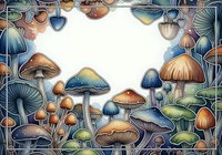 Mushroom and toadstool frame border with various fungi species in earthy tones, isolated on white background, suitable for design projects, invitations, and decorative applications.
