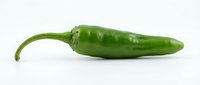 Fresh green chili pepper with stem isolated on white background, ready for culinary design, food packaging, and recipe illustrations.