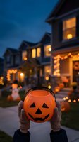 Child hands holding orange jack-o-lantern candy bucket during Halloween trick-or-treat evening with decorated suburban houses and warm lights in background.
