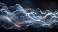 Ethereal flowing smoke waves with glowing golden particles creating mystical atmospheric effect against dark background, abstract art for creative projects.