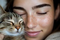 Young Asian woman with freckles and closed eyes cuddling with gray tabby cat in tender moment, showing emotional connection between pet and owner.