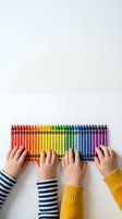 Children hands reaching for colorful crayons arranged in rainbow spectrum on white background. Art supplies for creative learning and education activities.