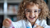 Young curly-haired girl in science lab coat and safety glasses laughs while conducting experiment with pink liquid in test tube against blurred classroom background.