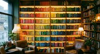 Cozy home library with rainbow-organized bookshelf creating colorful gradient wall display in reading room with leather armchair and warm lighting atmosphere.
