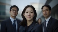 Confident young Asian businesswoman in suit leading team of two male colleagues outdoors near modern office building, corporate leadership concept.