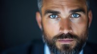 Close up portrait of mature bearded man with intense blue eyes and dark hair against black background, dramatic lighting highlighting facial features.