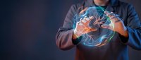 Professional businessman holding glowing digital brain hologram representing artificial intelligence, neuroscience and innovative technology solutions.