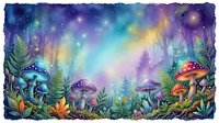 Enchanted forest scene with glowing mushrooms, magical aurora lights, and vibrant flora on isolated background for design projects.