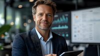 Confident mature businessman in navy suit smiling at camera while working on digital tablet in modern office with analytics screen in background.