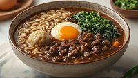 Steaming bowl of Asian noodle soup with raw egg yolk, minced meat sauce, dumpling and fresh chopped herbs in savory broth on marble surface.