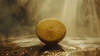 Fresh cut lemon half on wet surface with water drops and rain falling in golden atmospheric lighting creating moody culinary composition.