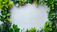 Fresh green leaves and succulent plants creating natural frame border on light gray background, copy space for text in center area.