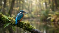 Vibrant blue kingfisher bird perched on moss-covered branch in natural forest habitat with soft bokeh background for wildlife photography projects.