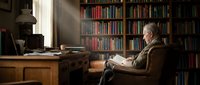 Elderly Caucasian man reading book in cozy home library with wooden desk and floor-to-ceiling bookshelves filled with colorful books in warm natural light.