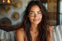 Beautiful young mixed race woman with long dark hair and natural makeup smiling at camera. Perfect for beauty, wellness, skincare and lifestyle advertising.