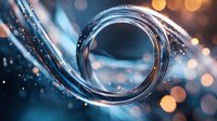 Swirling water splash with bokeh lights creates dynamic circular motion against dark blue background, capturing liquid movement and droplets in macro photography.